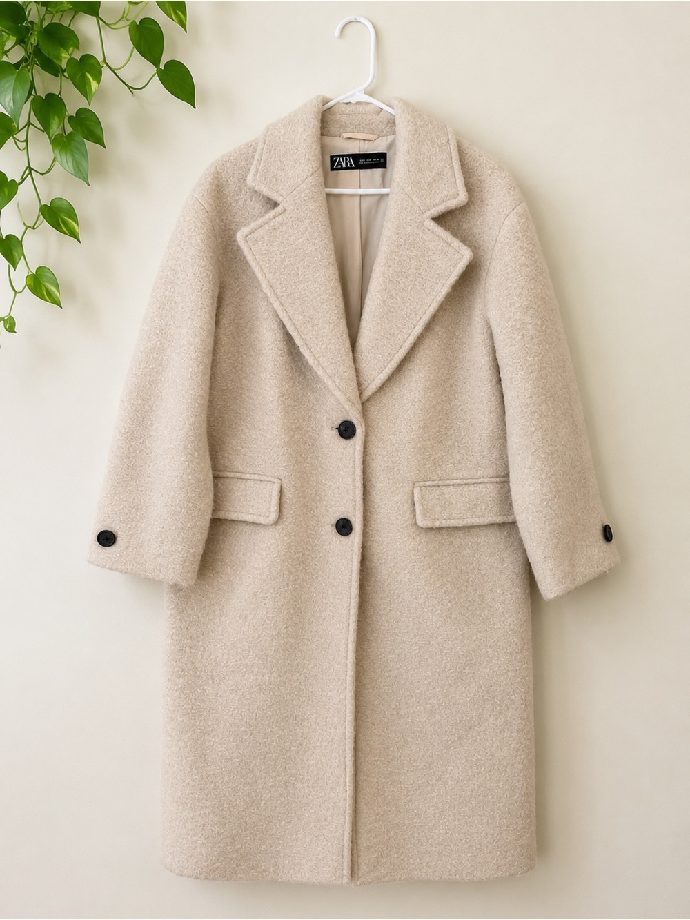 Zara Beige Wool-Blend Long Pea Coat